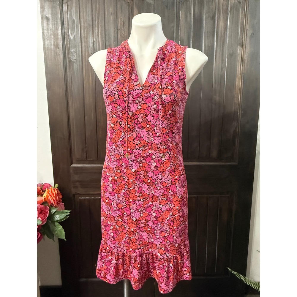 Michael Kors Women's XS Floral Sleeveless Ruffle Hem Tie Neck Shift Dress